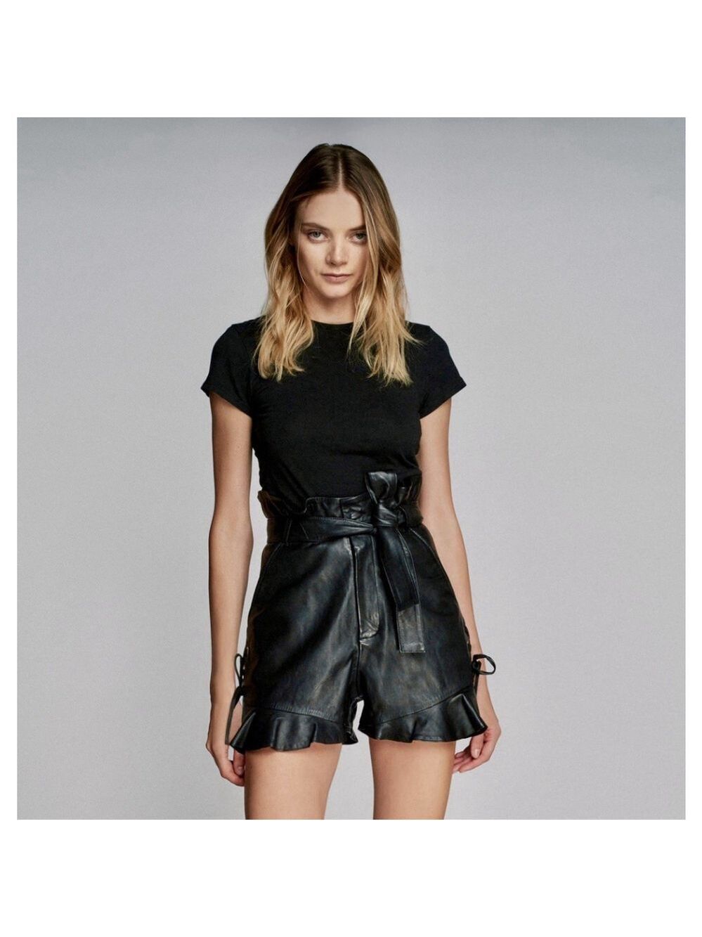 Marissa Webb Black Leather Ruffled Hem Shorts Size 0 Lace Accents Biker $425